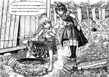 Rule 34 | 6+girls, absurdres, armor, barefoot, campfire, cleaver, commentary request, cooking, detached sleeves, dress, english text, fence, firewood, foliage, forest, geta, grass, greyscale, hat, highres, holding, holding paper, holding spoon, iizunamaru megumu, kneehighs, knees, leaf print, log, long hair, long sleeves, looking at another, maple leaf print, monochrome, multiple girls, nature, nervous sweating, on stool, paper, pauldrons, sakata nemuno, shack, shameimaru aya, shield, shield wall, shirt, short sleeves, shoulder armor, single pauldron, sitting, skirt, socks, speech bubble, spoon, stool, sweat, tengu-geta, toenails, toes, tokin hat, touhou, traditional media, tree, useless-husky, wok, wolf tengu extra (touhou), wooden fence