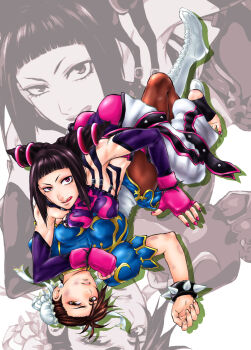 Rule 34 | 2girls, :q, absurdres, ass, bad id, bad pixiv id, baggy pants, bare shoulders, barefoot, belt, black hair, boots, bracelet, breast press, breasts, brown eyes, brown hair, bruise, bun cover, capcom, chinese clothes, chun-li, detached sleeves, double bun, dudou, elbow gloves, f-15jrs, feet, fighting, fingerless gloves, gloves, hair bun, halterneck, han juri, highres, injury, jewelry, medium breasts, midriff, multiple girls, nail polish, pants, pantyhose, pinned, purple eyes, short hair, stirrup legwear, street fighter, street fighter iv (series), thighs, toeless legwear, tongue, tongue out, you gonna get raped, yuri, zoom layer