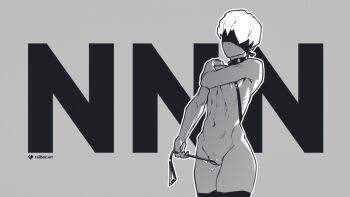 1boy 9s_(nier:automata) :/ androgynous artist_name black_thighhighs blindfold closed_mouth cowboy_shot cuntboy grey_background greyscale hand_on_own_shoulder monochrome navel nier:automata nier_(series) nipples no_nut_november nude short_hair simple_background standing tailbox thighhighs white_hair