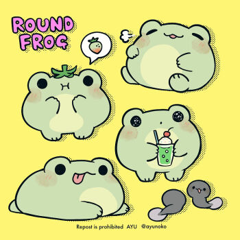 Rule 34 | :3, :d, :i, :p, animal focus, ayu (mog), blush stickers, cherry, closed eyes, closed mouth, commentary, cup, drinking glass, drinking straw, english commentary, food, frog, fruit, holding, holding cup, ice cream, ice cream float, mixed-language commentary, multiple views, no humans, open mouth, original, romaji commentary, simple background, smile, solid circle eyes, spoken food, strawberry, tadpole, tongue, tongue out, twitter username, watermark, yellow background