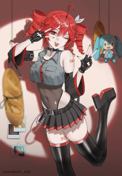1girl :d absurdres ahoge alternate_costume arm_belt baguette belt black_belt black_boots black_choker black_gloves black_nails black_skirt black_sleeves boots bread chain character_doll chinese_commentary choker collared_shirt commentary_request covered_navel cropped_shirt detached_sleeves doll double_v drill_hair fingerless_gloves fingernails food gloves grey_shirt hair_between_eyes half-closed_eyes hand_up hands_up hatsune_miku highres kasane_teto long_fingernails looking_at_viewer microskirt multicolored_boots multicolored_skirt multicolored_sleeves nail_polish navel_piercing one_eye_closed open_mouth photo_(object) piercing red_boots red_eyes red_skirt red_sleeves sharp_teeth shirt short_hair skindentation skirt sleeveless sleeveless_shirt smile solo spiked_choker spiked_gloves spikes teeth thigh_boots thighs tomodach1666 torn_clothes twitter_username two-tone_boots two-tone_skirt two-tone_sleeves upper_teeth_only utau v vocaloid