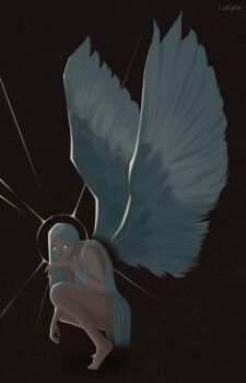 1girl absurdres barefoot commentary dim_lighting dress english_commentary feathered_wings full_body glowing glowing_eyes halo halo_behind_head hand_on_own_chest hand_up head_rest highres lollip0p_art long_hair looking_at_viewer nephis_(shadow_slave) shadow_slave solo squatting white_dress white_eyes white_hair white_wings wings