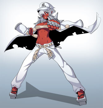 Rule 34 | 1girl, banchou, belt, borrowed character, bousouzoku, brass knuckles, breasts, budget sarashi, cape, chuunioniika, clenched hands, coat, colored skin, colorized, delinquent, female focus, geta, hair over one eye, hat, highres, jacket, jacket on shoulders, large breasts, looking at viewer, mouth hold, navel, no shirt, original, peaked cap, pointy ears, red eyes, red skin, sarashi, short hair, silver hair, solo, spikes, straw (stalk), tengu, tengu-geta, tokkoufuku, underboob, weapon