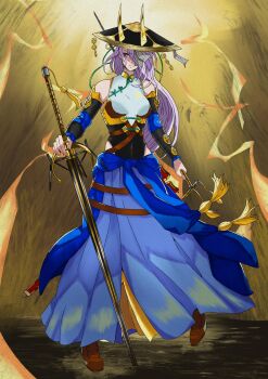 Rule 34 | 1girl, absurdres, arm strap, bare shoulders, belt, black arm warmers, black hat, blue dress, blue ribbon, bound together, brown belt, brown shoes, cave, china dress, chinese clothes, dappled sunlight, dirt road, dress, dual wielding, duel monster, facing viewer, fire, fleurdelis (yu-gi-oh!), furrowed brow, gold trim, grimace, hair over one eye, hat, highres, holding, holding staff, holding sword, holding weapon, horned hat, indoors, jingasa, long hair, looking to the side, ofuda, ofuda on head, one eye covered, paper, purple eyes, purple hair, reflection, ribbon, rice hat, road, shoes, staff, sunlight, sword, the iris swordsoul, weapon, white dress, wind, y shiku, yu-gi-oh!