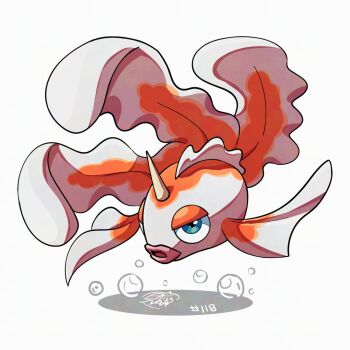 Rule 34 | air bubble, blue eyes, bubble, fish, full body, gen 1 pokemon, goldeen, horns, mistray-art, nintendo, no humans, numbered, open mouth, pokemon, pokemon (creature), signature, simple background, single horn, solo, white background