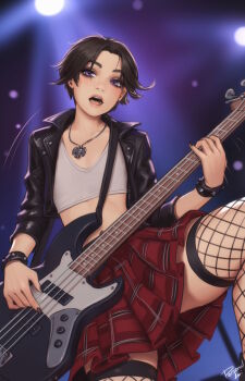 1girl black_hair black_jacket black_thighhighs commentary cropped_jacket electric_guitar english_commentary fishnet_thighhighs fishnets flat_chest guitar highres holding holding_guitar holding_instrument instrument jacket jewelry leather leather_jacket long_sleeves miniskirt music necklace open_mouth original personal_ami plaid_clothes plaid_skirt playing_instrument pleated_skirt purple_eyes red_skirt short_hair skirt solo spiked_cuffs sports_bra teeth thighhighs upper_teeth_only very_short_hair white_sports_bra