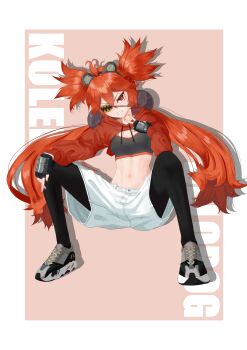 1girl ahoge animal_ears bear_ears black_gloves breasts commentary crop_top english_commentary eyepatch fake_animal_ears fingerless_gloves gloves hair_between_eyes hair_ornament highres koleda_belobog long_hair looking_at_viewer navel orange_hair red_eyes red_hair shurrosky solo sphere_hair_ornament streetwear twintails zenless_zone_zero