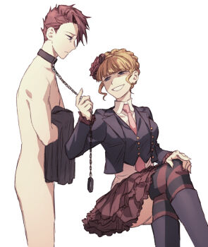 1boy 1girl bdsm beatrice_(umineko) black_jacket blonde_hair clothed_female_nude_male crossed_legs femdom highres holding holding_leash hswoimuxk0pwr0h_(bbdan) jacket leash leash_pull nude pink_jacket red_skirt skirt smile smug umineko_no_naku_koro_ni ushiromiya_battler white_background
