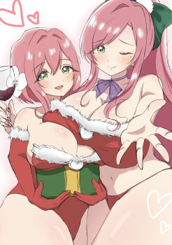 2girls bikini blush breasts christmas christmas_costume cleavage elbow_gloves female_focus fur-trimmed_gloves fur_trim gloves green_eyes hanazono_hahari highres kimi_no_koto_ga_dai_dai_dai_dai_daisuki_na_100-nin_no_kanojo large_breasts long_hair looking_at_viewer mature_female mole mole_under_eye mother_and_daughter multiple_girls nanazono_hakari navel one_eye_closed open_mouth pink_hair red_bikini red_gloves santa_bikini santa_costume smile swimsuit wink