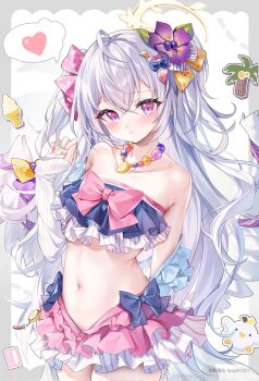 1girl angel_wings azusa_(blue_archive) azusa_(swimsuit)_(blue_archive) bead_necklace beads bikini bikini_skirt blue_archive bow_on_wing crescent_halo crossed_bangs feathered_wings flower food-themed_hair_ornament frilled_bikini frills guzangnanfeng hair_ornament halo heart highres jewelry long_hair looking_at_viewer navel necklace official_alternate_costume orange_hair_ornament purple_flower ribbon-trimmed_bikini ribbon-trimmed_swimsuit ribbon_trim solo spoken_heart strapless strapless_bikini swimsuit watermelon_hair_ornament white_wings wings yellow_halo