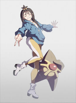 1girl black_hair blue_hoodie boots closed_eyes cube_hair_ornament earclip facing_viewer gen_1_pokemon grin hair_ornament highres hood hood_down hoodie kmconceptart leggings lida_(pokemon) long_hair long_sleeves nintendo open_mouth orange_leggings pokemon pokemon_(creature) pokemon_legends:_z-a shirt simple_background smile staryu topknot two-tone_legwear v white_boots white_leggings wispy_bangs