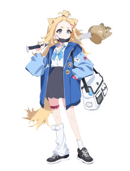 Rule 34 | 1girl, animal ears, bag, baseball bat, black shoes, black skirt, blonde hair, blue bow, blue bowtie, blue eyes, blue jacket, bow, bowtie, collared shirt, commentary, dog ears, dog girl, dog tail, earrings, full body, hair ornament, hairclip, hand in pocket, highres, holding, holding baseball bat, jacket, jewelry, leg warmers, long hair, long sleeves, mask, mask pull, mouth mask, open clothes, open jacket, original, shirt, shoes, simple background, single leg warmer, single sock, skirt, socks, solo, standing, symbol-only commentary, tail, thigh strap, white background, white leg warmers, white shirt, zzzearly