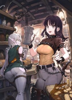 3girls armband arrow_(projectile) arrow_(symbol) ass bare_arms belt belt_buckle black_choker black_gloves bow breasts brown_shirt buckle chain chest_strap choker clothing_cutout coin commentary_request cowboy_shot cropped_shirt cup elf fingerless_gloves floor gloves gold_coin green_hoodie grey_eyes grey_hair grey_pants hair_over_shoulder highres hip_vent holding holding_coin holding_cup holding_sword holding_weapon hood hood_down hoodie indoors jun_(navigavi) large_breasts leaning long_hair looking_at_viewer medium_breasts mug multiple_girls open_mouth original pants parted_bangs parted_lips pointy_ears purple_hair shirt shirt_under_shirt sidelocks sleeveless sleeveless_hoodie smile standing sword table tavern teeth thick_thighs thigh_strap thighs twintails upper_teeth_only wall_lamp weapon wristband yellow_eyes yellow_shirt