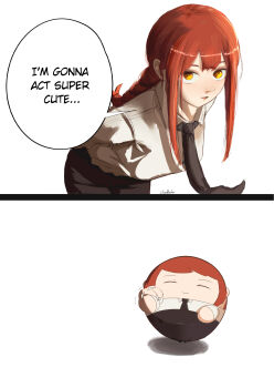 1girl absurdres black_necktie black_pants braid braided_ponytail chainsaw_man cloudbuster_104 english_text highres leaning_forward long_hair makima_(chainsaw_man) necktie pants red_eyes shirt sidelocks solo speech_bubble white_shirt yellow_eyes