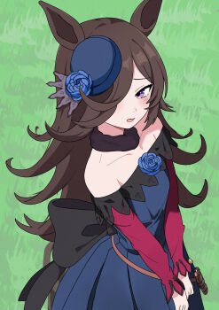 1girl absurdres animal_ears bare_shoulders black_bow black_dress blue_flower blue_hat blue_rose blush bow brown_hair brown_tail commentary_request dagger dress dress_bow flipped_hair flower from_above from_side fur_choker grass hair_over_one_eye hat hat_flower highres horse_ears horse_girl horse_tail knife long_hair looking_at_viewer off-shoulder_dress off_shoulder open_mouth outdoors purple_eyes rice_shower_(rosy_dreams)_(umamusume) rice_shower_(umamusume) rose solo standing tail tilted_headwear umamusume v_arms waist_bow weapon zartrial025