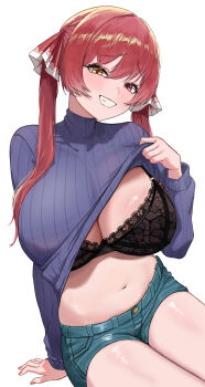 1girl :d absurdres black_bra blue_shorts blue_sweater bra breasts buta_dong cleavage clothes_lift commentary_request denim denim_shorts grin heterochromia highres hololive houshou_marine lace lace-trimmed_bra lace_trim large_breasts lingerie long_hair looking_at_viewer navel open_mouth red_eyes red_hair ribbed_sweater short_shorts shorts simple_background sitting smile solo stomach sweater sweater_lift turtleneck turtleneck_sweater twintails underwear virtual_youtuber white_background yellow_eyes