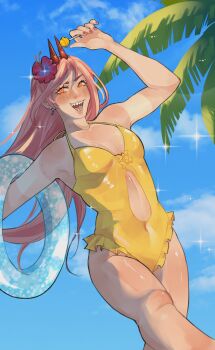 1girl absurdres beach bow candy chainsaw_man cloud cloudy_sky commentary earrings english_commentary flower food hair_flower hair_ornament highres horns jewelry lollipop nintendwww one-piece_swimsuit orange_eyes palm_tree pink_hair pink_nails pool_float power_(chainsaw_man) sharp_teeth sky smile swimsuit tan tanline teeth thighs tree yellow_bow yellow_one-piece_swimsuit