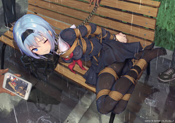 10s 1girl aqua_eyes aqua_hair arms_behind_back bdsm black_hair black_pantyhose blue_eyes blush bondage bound bra breasts camera cellphone chain collar commentary commentary_request feet frogtie headband highres himitsu_(hi_mi_tsu_2) hogtie medium_breasts no_shoes one_eye_closed outdoors pantyhose phone rain restrained rope ryuuou_no_oshigoto! school_uniform see-through_clothes short_hair skirt slave smartphone solo_focus sora_ginko tears thighhighs toes underwear water wet wet_clothes