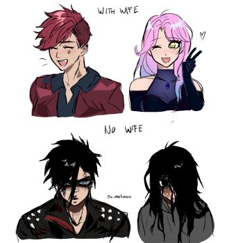 2girls alien_stage arcane:_league_of_legends arcane_vi artist_name bare_shoulders black_dress black_eyes black_eyeshadow black_gloves black_hair black_jacket black_shirt blue_gemstone blue_hair blush breasts closed_eyes closed_mouth collarbone collared_jacket collared_shirt commentary covered_collarbone crossover dress earclip elbow_gloves english_commentary english_text exx_machinaa eyeshadow facial_tattoo gem gloves gradient_hair grey_eyes grey_hoodie hair_between_eyes hair_over_one_eye hand_up highres hood hoodie implied_yuri jacket jewelry large_breasts league_of_legends lips long_hair long_hair_between_eyes looking_at_viewer makeup mizi_(alien_stage) multicolored_hair multiple_girls multiple_views necklace one_eye_closed open_clothes open_jacket open_mouth pink_hair red_hair red_jacket shirt short_hair simple_background sleeveless sleeveless_dress smile tattoo teeth upper_body v vi_(league_of_legends) white_background yellow_eyes