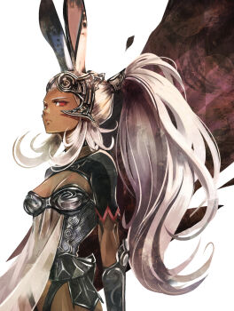 1girl animal_ears armor black_shrug breasts bustier cleavage commentary_request dark-skinned_female dark_skin ears_through_headwear final_fantasy final_fantasy_xii fran_(ff12) helmet long_hair looking_at_viewer ponytail rabbit_ears rabbit_girl red_eyes revealing_clothes shrug_(clothing) sidelocks small_breasts solo sushi_(sashimise) upper_body very_long_hair viera white_background white_hair