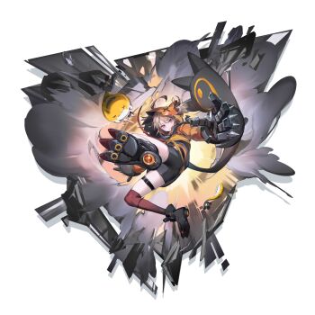 1girl :d absurdres ahoge animal_ear_hood ass bike_shorts black_shoes black_shorts brown_hair clothing_cutout commentary cropped_hoodie fake_animal_ears full_body gauntlets gigi_murin gigi_murin_(1st_costume) grem_(gigi_murin) grin hair_through_hood highres hip_vent hololive hololive_english hood hood_up hoodie looking_at_viewer multicolored_hair newbie_(newbie_132) open_mouth orange_hoodie over-kneehighs pink_eyes red_thighhighs shoes short_hair short_twintails shorts single_over-kneehigh single_thighhigh smile solo tail thighhighs twintails two-tone_hair virtual_youtuber