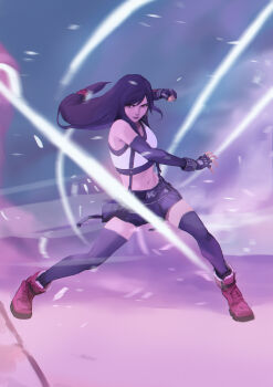 1girl absurdres artist_name bare_shoulders bike_shorts bike_shorts_under_skirt black_gloves black_hair black_skirt black_sports_bra black_thighhighs blurry blurry_background boots bracelet clenched_hand closed_mouth crop_top elbow_gloves fighting_stance final_fantasy final_fantasy_vii final_fantasy_vii_rebirth final_fantasy_vii_remake fingerless_gloves floating_hair full_body gloves highres jewelry light_particles long_hair low-tied_long_hair midriff navel red_boots red_eyes skirt solo sports_bra spykeee standing suspender_skirt suspenders swept_bangs tank_top thighhighs tifa_lockhart twitter_username watermark white_tank_top