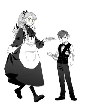 1boy 1girl alternate_costume apron black_eyes blush bow bowtie braid buttons chilchuck_tims choker clipboard closed_mouth clothes_lift collared_dress collared_shirt dress dungeon_meshi enmaided food formal_clothes frills green_eyes greyscale hair_between_eyes hair_ribbon hand_up handkerchief height_difference high_ponytail highres holding holding_clipboard holding_pen holding_plate kugai697139 long_hair long_sleeves looking_at_viewer maid marcille_donato monochrome neck_ribbon omelet omurice pants pen plate pocket pointy_ears ponytail puffy_long_sleeves puffy_sleeves ribbon shirt shoes short_hair simple_background single_braid smile socks sweatdrop vest