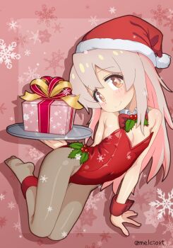 1girl absurdres bare_shoulders bow bowtie covered_navel detached_collar full_body gift hat highres holding holding_plate leotard light_smile loli long_hair looking_at_viewer melciort mistletoe nontraditional_playboy_bunny onii-chan_wa_oshimai! orange_eyes oyama_mahiro pantyhose pink_hair plate santa_hat snowflakes solo strapless strapless_leotard twitter_username wrist_cuffs