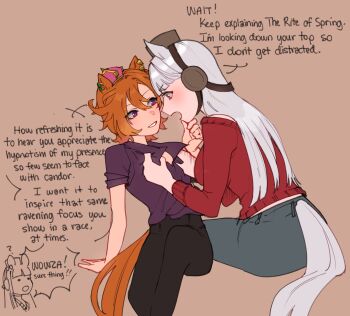 2girls ? alternate_costume animal_ears black_pants brown_background brown_hair brown_hat casual clothes_grab clothing_cutout commentary crown dungeonbgm ear_covers ear_ornament earclip english_commentary english_text face-to-face gold_ship_(umamusume) grey_hair hair_between_eyes hat height_difference highres horse_ears horse_girl horse_tail invisible_chair leaning_forward light_smile long_hair long_sleeves looking_at_another mini_crown multiple_girls off-shoulder_sweater off_shoulder open_mouth pants parted_lips pillbox_hat pink_crown purple_eyes purple_shirt red_sweater shirt short_hair short_sleeves simple_background sitting sweater t.m._opera_o_(umamusume) tail tail_through_clothes twisted_torso umamusume v-shaped_eyebrows very_long_hair yuri