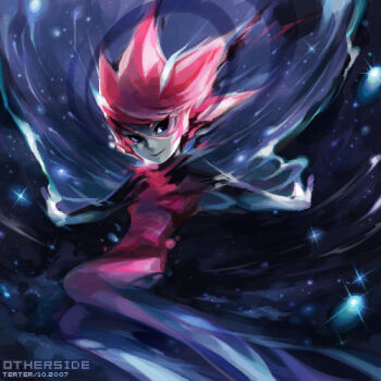 black_eyes colored_skin comet ethereal grey_skin lowres pink_hair solo space star_(symbol) teatea