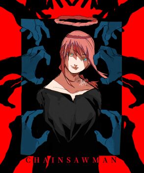 1girl azisaiharumaki56 black_shirt border braid chainsaw_man collarbone commentary_request copyright_name halo highres looking_at_viewer makima_(chainsaw_man) orange_eyes red_hair ringed_eyes shadow shirt smile solo_focus surrounded_by_hands