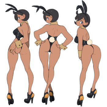 1girl absurdres alternate_costume ass breasts closed_mouth dark-skinned_female dark_skin detached_collar dot_mouth emma_(pokemon) full_body hand_on_own_ass hand_on_own_hip hands_on_own_hips high_heels highres leaning_forward leotard looking_at_viewer looking_back medium_breasts multiple_views necktie nintendo playboy_bunny pokemon pokemon_legends:_z-a purple_eyes rabbit_ears rabbit_tail solo toshinoshin white_background wrist_cuffs
