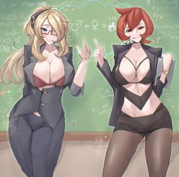 2girls absurdres black_jacket black_pantyhose black_skirt blonde_hair blue_eyes bra breasts calmgreentori center_opening chalkboard cleavage closed_mouth collarbone commentary cowboy_shot cynthia_(pokemon) earrings egg english_commentary english_text formal_clothes hair_ornament hair_over_shoulder high_ponytail highres holding index_finger_raised jacket jewelry large_breasts long_hair long_sidelocks mars_(pokemon) mars_symbol miniskirt multiple_girls nintendo open_clothes open_jacket pants pantyhose partially_open_jacket pokemon pokemon_diamond/pearl/platinum pokemon_egg ponytail red-framed_eyewear red_bra red_eyes red_hair semi-rimless_eyewear short_hair sidelocks skirt skirt_suit smile suit suit_jacket suit_pants teacher tongue tongue_out triangle_earrings under-rim_eyewear underwear venus_symbol watch wristwatch