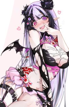 1girl bat_wings black_bra black_streaks blunt_bangs blush bra breasts commentary cowboy_shot detached_sleeves double_bun ear_piercing english_commentary hair_bun hair_ornament hair_sprinkles hand_up heart heart_hair_bun heterochromia highres indie_virtual_youtuber large_breasts long_hair looking_at_viewer microskirt multicolored_hair navel navel_piercing open_mouth piercing pink_eyes pink_skirt pointy_ears purple_eyes purple_hair second-party_source skirt smile solo spikes sprinkle_hershy sprinkles streaked_hair thighs torn_clothes torn_sleeves torn_wings underwear v v_over_mouth virtual_youtuber white_background wings yuzureei
