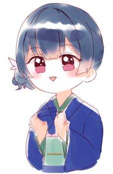1girl black_hair blue_kimono blunt_bangs blush bosumonki clapping commentary_request hair_bun highres idolmaster idolmaster_shiny_colors japanese_clothes kimono korean_commentary looking_ahead morino_rinze obi partial_commentary sash simple_background single_side_bun smile solo transparent_background triangle_mouth upper_body