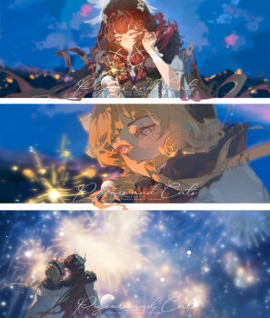 Rule 34 | 2girls, absurdres, back, black hair, blonde hair, chinese commentary, coat, columbina (genshin impact), commentary request, face-to-face, fatui coat, fireworks, frilled headwear, fur-trimmed coat, fur trim, genshin impact, hair bun, hair ornament, head wings, headdress, highres, holding, holding fireworks, leaning on person, long hair, looking at another, looking at object, looking down, multiple girls, night, playing with own hair, purple eyes, purple hair, ribbon, sandrone (genshin impact), short hair with long locks, side-by-side, sky, white coat, white headdress, white wings, wings, wrist bow, wrist ribbon, x hair ornament, yyeeeeee