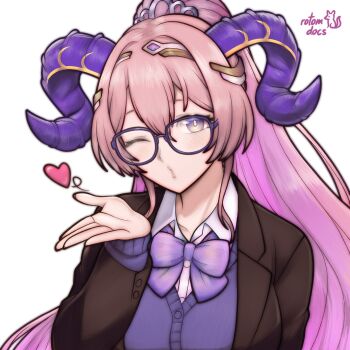 1girl ;o alternate_costume artist_name blowing_kiss blush bow bowtie breasts brown_jacket cardigan collarbone collared_shirt commentary curled_horns english_commentary fire_emblem fire_emblem_heroes glasses hair_between_eyes heart highres horns jacket large_breasts large_horns long_hair long_sleeves looking_at_viewer multicolored_horns nerthuz_(fire_emblem) nintendo one_eye_closed pink_hair ponytail puckered_lips purple-framed_eyewear purple_bow purple_bowtie purple_cardigan purple_eyes purple_horns rotomdocs shirt simple_background solo tiara two-tone_horns very_long_hair white_background white_shirt yellow_horns