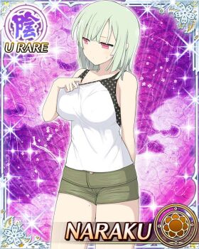 Rule 34 | 1girl, arm behind back, arm up, bob cut, border, breasts, card (medium), character name, closed mouth, dot mouth, game cg, green hair, green shorts, large breasts, looking to the side, medium hair, mole, mole on thigh, naraku (senran kagura), official art, pink eyes, senran kagura, senran kagura new wave, shirt, shorts, solo, sweatdrop, tank top, third-party source, white shirt, white tank top