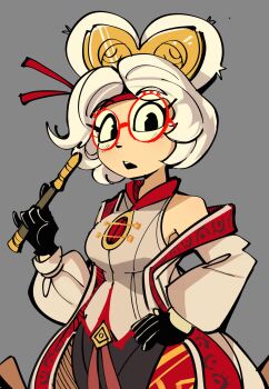 1girl 2025 absurdres black_gloves blush breasts glasses gloves grey_background highres looking_at_viewer medium_breasts peargor purah red-framed_eyewear solo white_hair