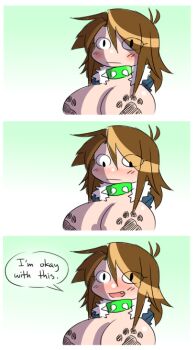 1girl 3koma breasts brown_hair collar comic ego_trigger english_text eyelashes fang female_focus gradient_background graph_(graphiteknight) green_background huge_breasts lass_(ego_trigger) looking_at_viewer meme open_mouth original pasties paw_print smile solo spiked_collar spikes topless_female upper_body