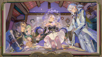 2boys 2girls absurdres analog_clock animal_ears ascot bare_shoulders black_dress black_scarf black_shirt blue_coat book book_stand boots brown_hair clock closed_eyes closed_mouth coat commentary control_bar cuckoo_clock detached_sleeves doll doll_joints drawer dress english_commentary feet_out_of_frame floating fox_ears fox_girl glasses gloves glowing grandfather_clock green_eyes green_hair green_jacket green_shorts grey_hair grey_jacket grey_shirt grey_vest hair_between_eyes halo halo_behind_head hat head_wings herta_(honkai:_star_rail) highres honkai:_star_rail honkai_(series) huohuo_(honkai:_star_rail) indoors interlocked_fingers jacket jewelry joints key key_necklace knee_boots long_hair long_sleeves medium_dress medium_hair mini_person minigirl multiple_boys multiple_girls nail_polish necklace open_book open_clothes open_coat open_hand own_hands_together pants parody parted_lips pinocchio_(disney_movie) puppet_strings purple_hat purple_nails scarf scene_reference shelf shirt short_hair shorts sitting sleeve_cuffs sleeve_garter smile spiked_halo standing strapless strapless_dress sunday_(honkai:_star_rail) sunday_(sacerdos'_relived_ordeal)_(honkai:_star_rail) table tamomoko tassel tearing_up the_herta_(honkai:_star_rail) thigh_strap toy_soldier turtleneck turtleneck_shirt two-sided_coat two-sided_fabric two-tone_dress upper_body very_long_hair vest welt_yang white_ascot white_coat white_dress white_gloves white_pants white_wings wide_sleeves wings witch_hat yellow_eyes