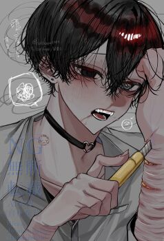 Rule 34 | 1boy, @ @, black eyes, black hair, black shirt, breath, commentary, double-parted bangs, exposed fat, hair between eyes, hand on own forehead, heart collar, highres, holding, holding razor, hosikage4040, imminent self-harm, looking at viewer, male focus, neck ribbon, open mouth, original, razor, ribbon, scar, scar on arm, self-harm, shirt, short hair, solo, undershirt, untranslatable commentary, white shirt, wrist cutting