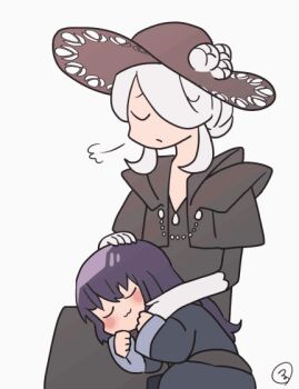 Rule 34 | 2girls, :3, akari (pokemon), animated, animated gif, artist name, bad id, bad pixiv id, black dress, black hat, breasts, closed eyes, cogita (pokemon), dress, elbow gloves, exasperation, flower, galaxy team survey corps uniform, gloves, hair bun, hat, hat flower, headpat, heart, japanese clothes, lap pillow, long hair, looping animation, multiple girls, nintendo, pokemon, pokemon legends: arceus, puff of air, purple hair, scarf, sidelocks, signature, simple background, white flower, white hair, white scarf, yunarun