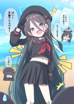 3girls aqua_hair aris_(blue_archive) beach beret black_choker black_gloves black_hair black_hat black_serafuku black_shirt black_skirt blue_archive blue_eyes blue_halo blue_sky chibi choker cloud giorgio_(yo_sumire_sola1) gloves gradient_hair hair_between_eyes halo hat highres ichika_(blue_archive) justice_task_force_member_(blue_archive) long_hair long_hair_between_eyes long_sidelocks long_sleeves midriff miniskirt mountainous_horizon multicolored_hair multiple_girls navel neckerchief ocean pleated_skirt red_neckerchief salute school_uniform serafuku shirt side_ponytail sidelocks skirt sky smile sparkle surprised sweatdrop translated very_long_hair