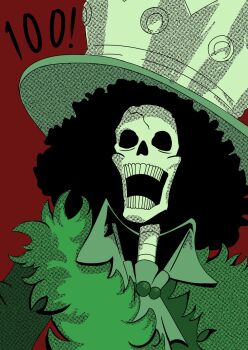 1boy afro ascot black_hair brook_(one_piece) collared_shirt commentary crown english_commentary feather_boa hat highres male_focus milestone_celebration one_piece open_mouth red_background shirt simple_background skeleton solo stupid_ugly