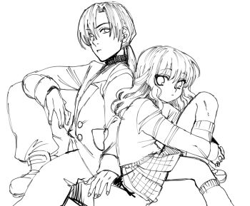 Rule 34 | 1boy, 1girl, back-to-back, brother and sister, coat, hayasaka mebawe, lab coat, long hair, mima haruka, mima ryousuke, moon (game), pleated skirt, ponytail, school uniform, siblings, sitting, skirt, step-siblings, sweater, turtleneck, turtleneck sweater, white coat