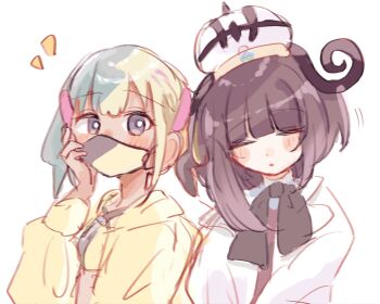2girls blonde_hair blue_hair blunt_bangs bob_cut canari_(pokemon) closed_eyes coat dark-skinned_female dark_skin gwynn_(pokemon) hat highres jacket long_sleeves mask mega_stone mopumopu107 mouth_mask multicolored_hair multiple_girls nintendo pokemon pokemon_legends:_z-a purple_hair short_hair sleeping split-color_hair two-tone_hair upper_body white_background white_coat yellow_jacket