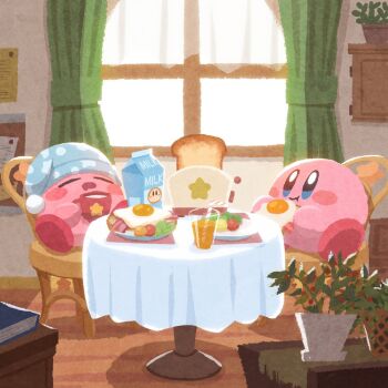 bacon blue_eyes blue_hat blush_stickers book breakfast chair closed_eyes closed_mouth colored_skin commentary cup curtains drink_carton drinking_straw drooling eating egg_(food) english_commentary food hat highres holding holding_cup indoors juice kirby kirby_(series) lettuce miclot milk_carton morning mouth_drool nightcap nintendo no_humans on_chair open_mouth orange_juice pink_skin plant plate potted_plant sitting sleeping table tablecloth tomato window