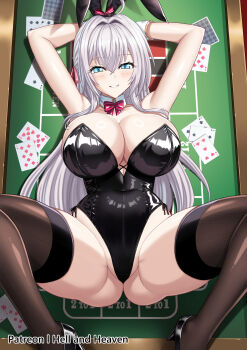 Rule 34 | 1girl, alisa mikhailovna kujou, animal ear hairband, animal ears, arms behind head, black leotard, black shoes, blue eyes, blush, bow, bowtie, breasts, card, cleavage, collar, commentary, detached collar, eight of diamonds (playing card), english commentary, fake animal ears, five of hearts, four of clubs, grey hair, hair ribbon, hairband, hellandheaven, high heels, highres, large breasts, leotard, long hair, patreon username, pink bow, pink bowtie, pink ribbon, playboy bunny, playing card, rabbit ear hairband, rabbit ears, ribbon, shoes, solo, spread legs, strapless, strapless leotard, striped bow, striped bowtie, striped clothes, ten of hearts, thighhighs, tokidoki bosotto roshia-go de dereru tonari no alya-san, two of spades, white collar