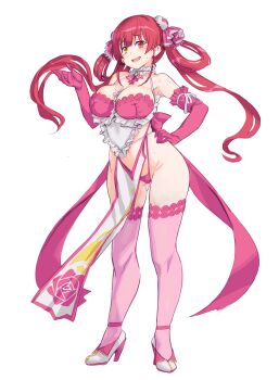 1girl apron bare_shoulders blush bra breasts choker elbow_gloves frilled_choker frills full_body gloves gluteal_fold hair_ribbon hair_rings hand_on_own_hip high_heels highres hololive houshou_marine kiyama_satoshi large_breasts long_hair looking_at_viewer navel neckerchief open_mouth panties pink_bra pink_gloves pink_neckerchief pink_panties pink_ribbon pink_thighhighs red_eyes red_hair ribbon shoes simple_background smile solo stomach thighhighs thighs underwear virtual_youtuber white_apron white_background white_choker white_shoes yellow_eyes